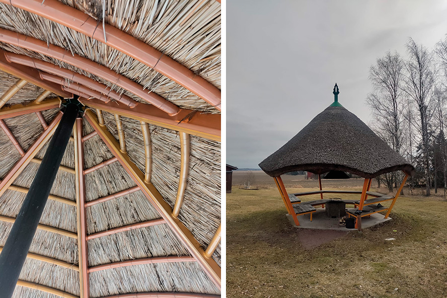 Jan-Erik Anderssonin 2013 suunnittelema ja järviruo´osta valmistettu Himogrillaajan karusellikatos Miettoistenlahdella sijaitsevalla Saaren kartanolla.
